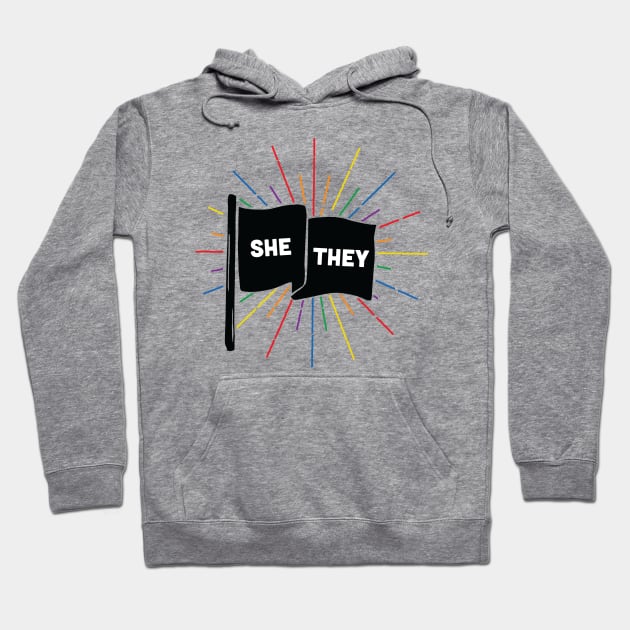 She/They Pronouns Retro Flag Hoodie by lavenderhearts